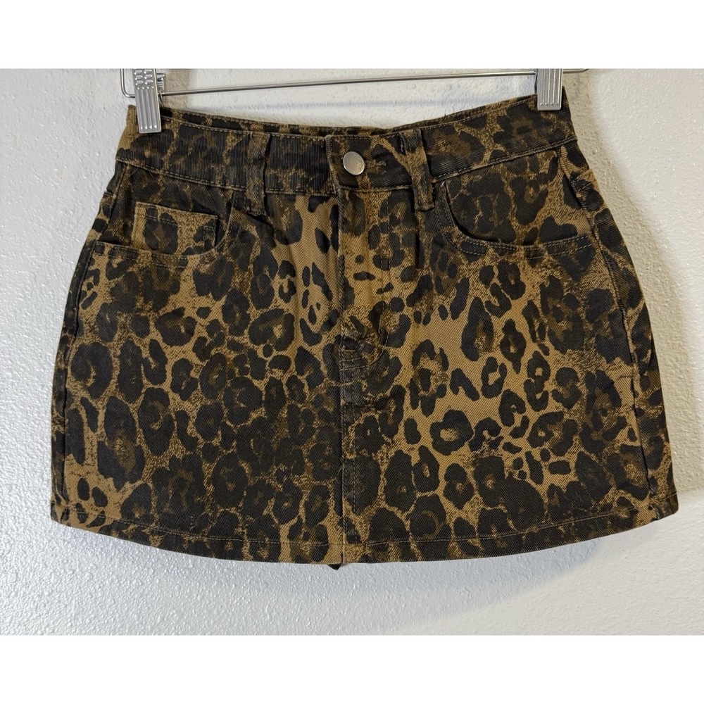 ELLEVEN Leopard Print Denim Skort Y2K Low Rise Micro Mini Indie Sleaze Grunge XS